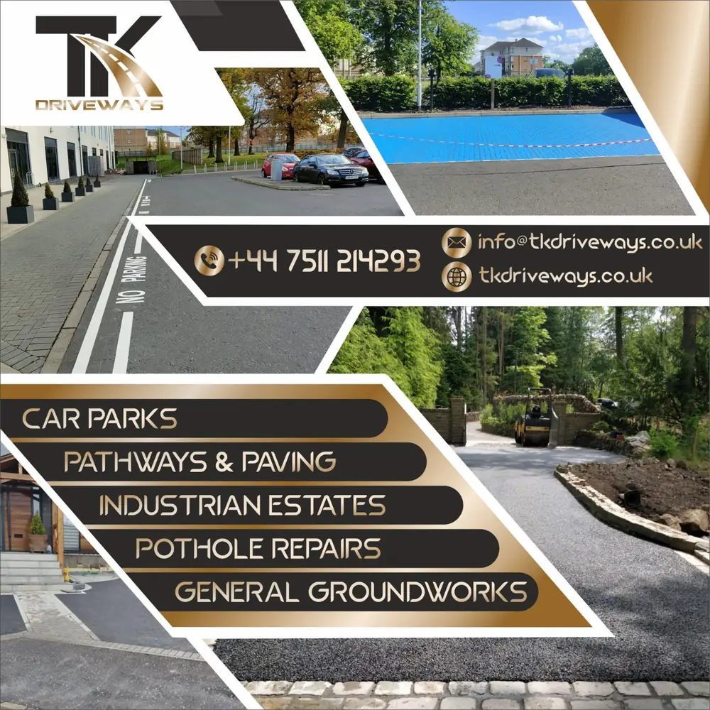 TK Driveways completed projects in Scotland — car parks, pathways and paving, industrial estates, pothole repairs and general groundworks